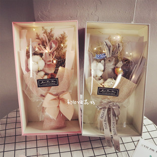 哈尔滨鲜花韩国ins许愿灯兔子花束棉花干花礼盒全国配送