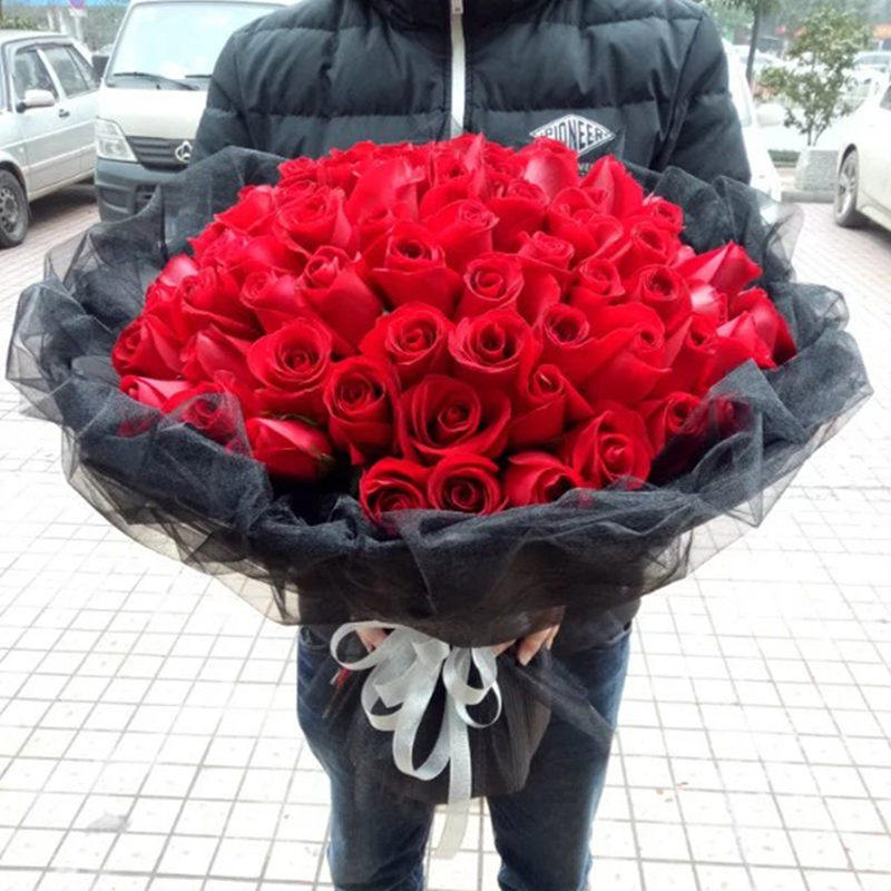 红玫瑰黑纱花束广州同城深圳郑州上海鲜花店女友情人节母亲节生日