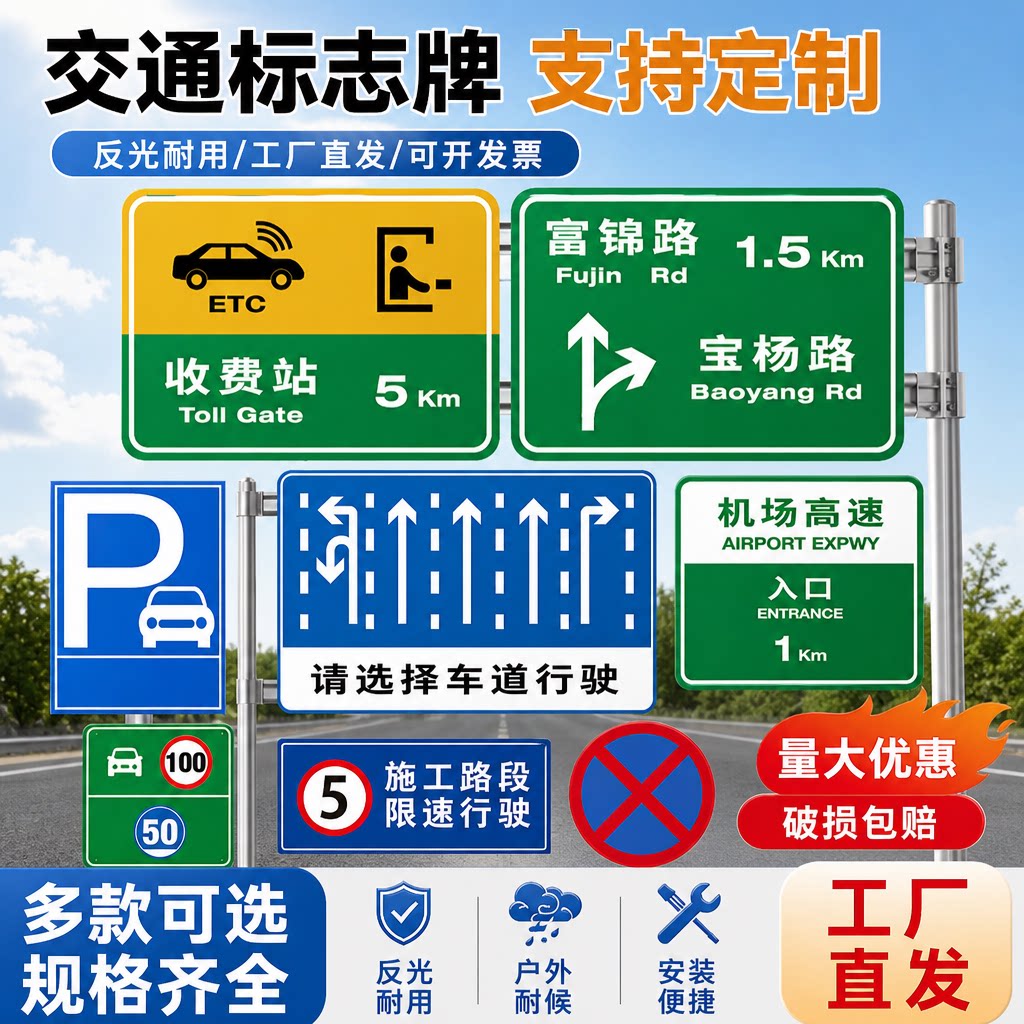交通标志道路指示牌限速限高反光前方施工警示牌工地现场指示标识