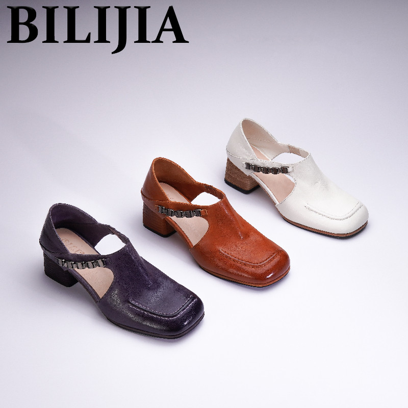 BILIJIA|水洗马皮4.5cm一脚蹬包头中空凉鞋复古玛丽珍女鞋BD059