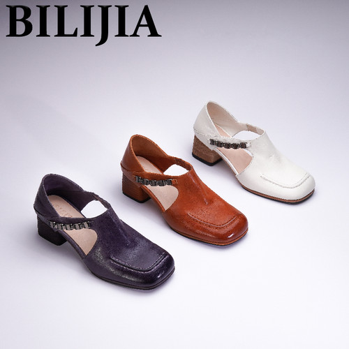 BILIJIA|水洗马皮4.5cm一脚蹬包头中空凉鞋复古玛丽珍女鞋BD059