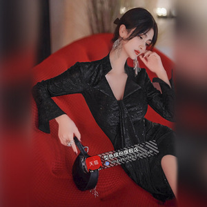 秋季定制款小众褶皱流苏飘带包臀衬衫裙时尚女神范性感连衣裙