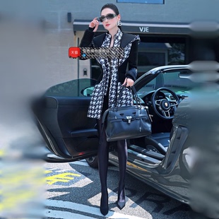 冬季千鸟格珠片绣花假两件中长款棉服2025新款机能风小众棉衣外套