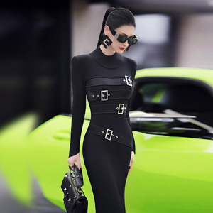 秋冬机能风半高领针织毛衣裙新款仿PU拼接潮流修身显瘦连衣裙