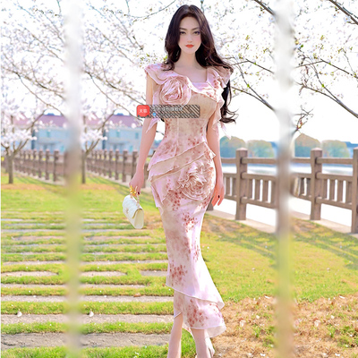 夏季不规则盘花上衣鱼尾裙两件套2025新款原创设计雪纺印花套装裙