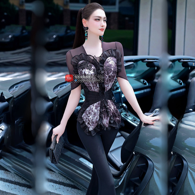 夏季时尚水墨印花荷叶边网纱撞色小衫2025新款设计师原创设计上衣