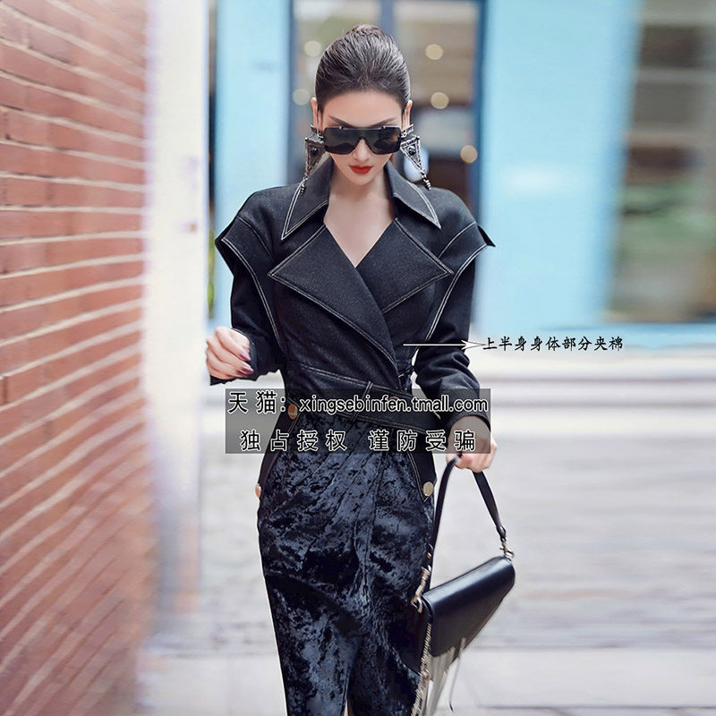 型色缤纷女神范设计风衣式夹棉大衣秋冬新款欧美风收腰修身外套