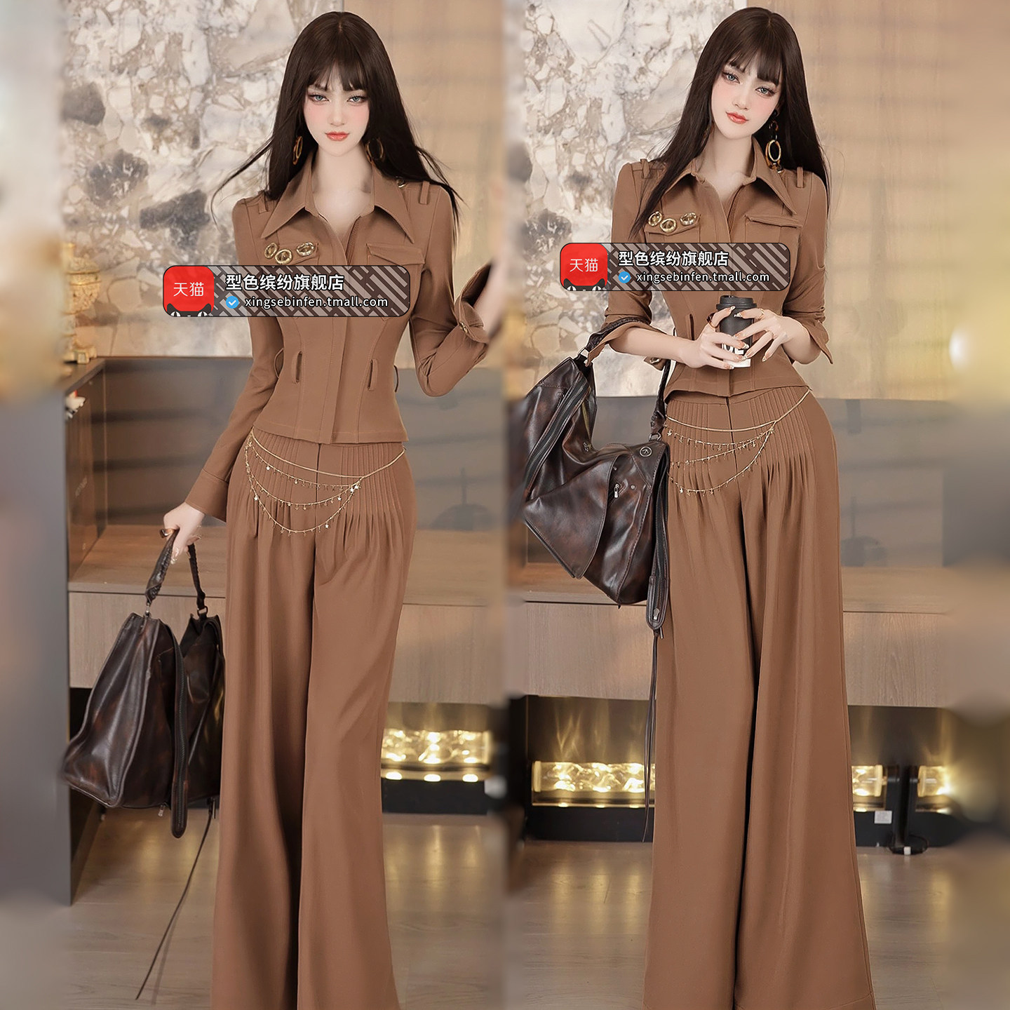 初春轻熟风上衣设计感压褶阔腿裤两件套2026新款小众气场强大套装