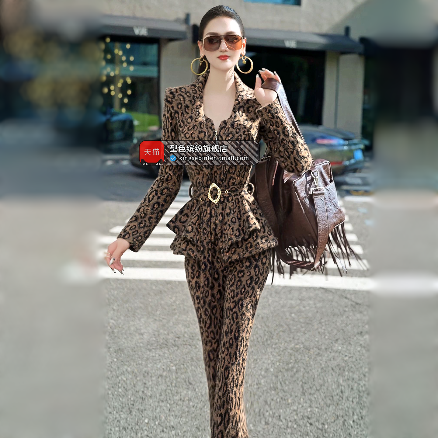 冬季欧美豹纹假两件OL外套微喇叭裤两件套2025新款干练气质套装