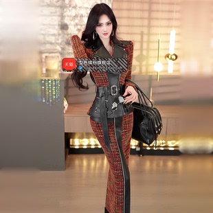 修身 裙2025新款 上衣收腰开衩中长裙两件套 欧美毛呢拼接套装 冬季