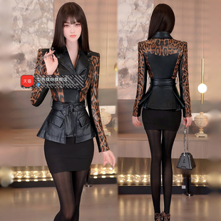 型色缤纷早春酷飒豹纹拼接夹棉外套2026新款修身夹克上衣