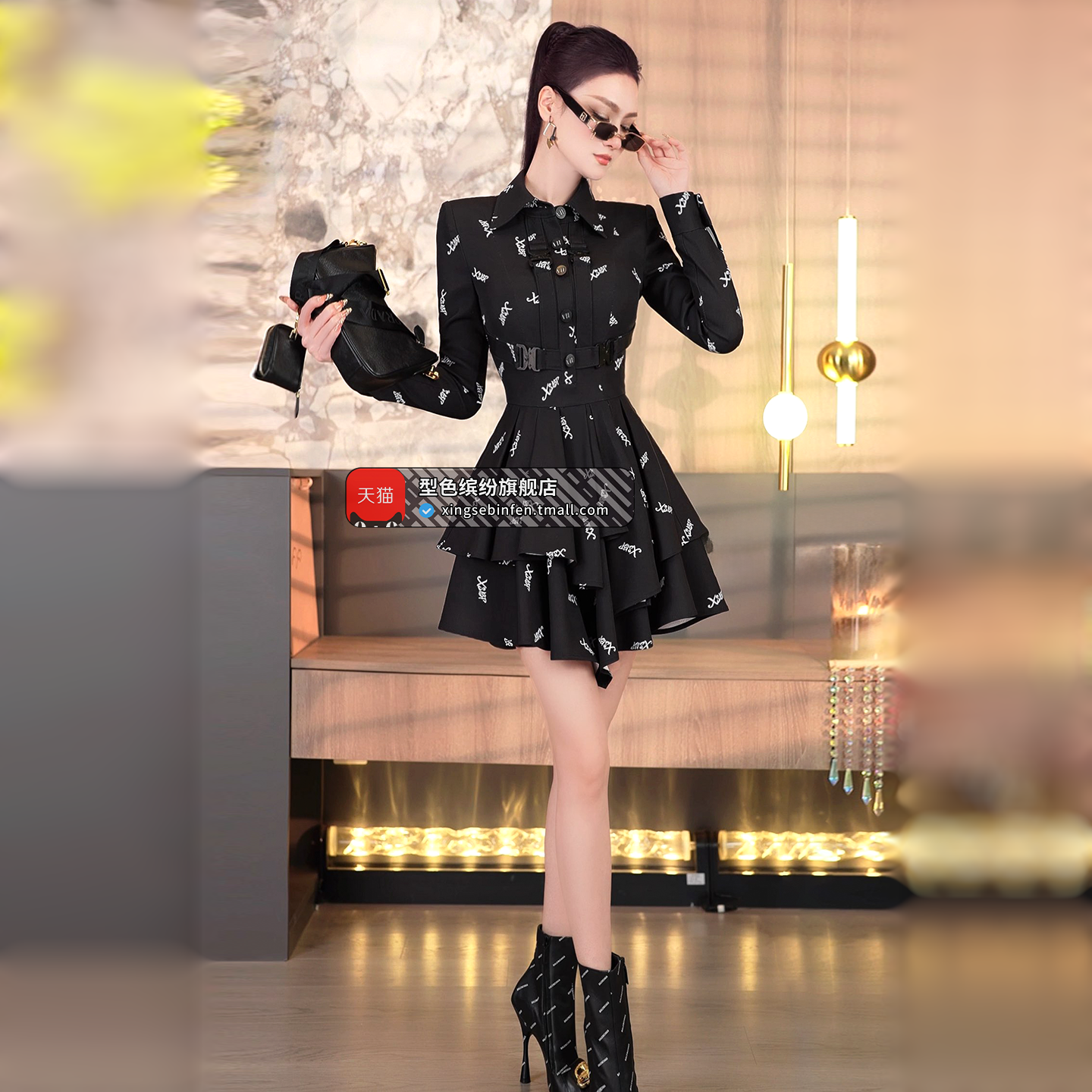 春季帅气减龄字母印花收腰连衣裙2026新款不规则裙摆长袖衬衫裙