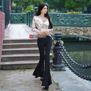 气质撞色长袖 欧货品牌休闲套装 衬衫 新款 女 垂感喇叭裤 早秋法式