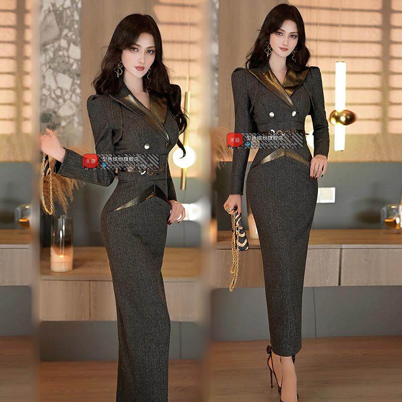 型色缤纷秋冬季风衣式长裙新款拼接设计感假两件中长款连衣裙