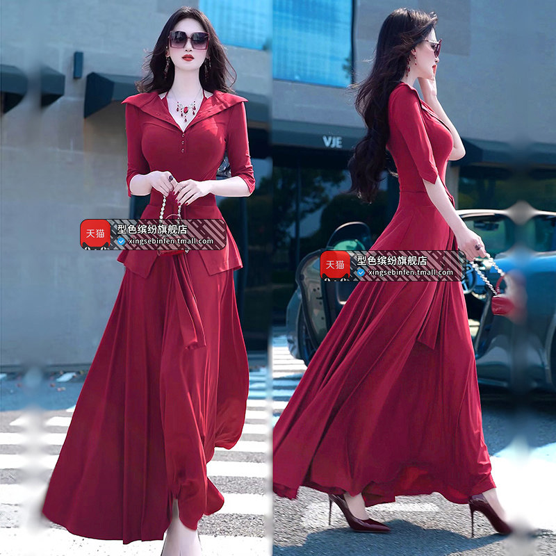 欧美小众性感吊带围裙设计感假两件连衣裙新款气质过膝长裙 