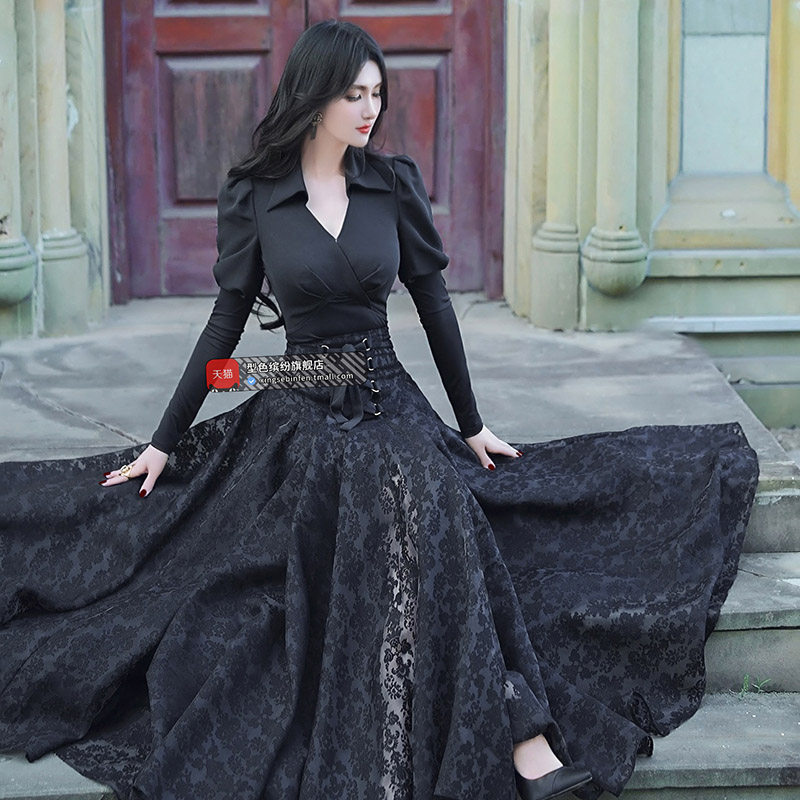 型色缤纷早秋设计感大裙摆裙子2024新款抽绳收腰过膝中长款半身裙