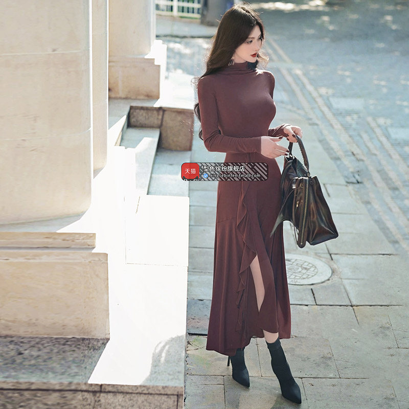 型色缤纷早秋欧美设计感荷叶边连衣裙新款修身显瘦过膝长裙,女装/女士精品,连衣裙,淘宝优惠券,粉丝福利购,淘宝优惠卷