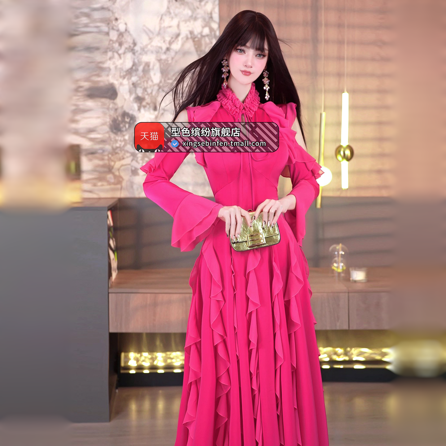 春季时尚镂空荷叶边原创设计连衣裙2026新款收腰性感度假风长裙