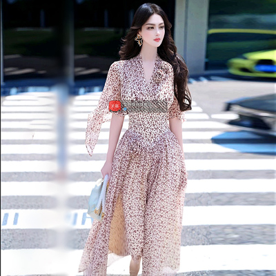 夏季欧美气场女王范印花大裙摆过膝长裙2025新品时尚气质连衣裙