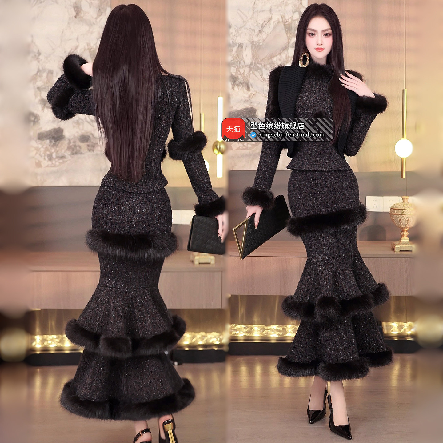 冬季穿搭小众洋气厚款套装裙2025新款设计感外套鱼尾长裙两件套,女装/女士精品,时尚套装,淘宝优惠券,粉丝福利购,淘宝优惠卷