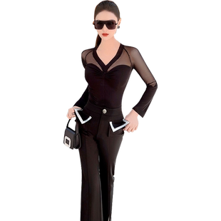 春季女装性感透视网状拼接打底衫新款女人味抽皱V领弹力上衣