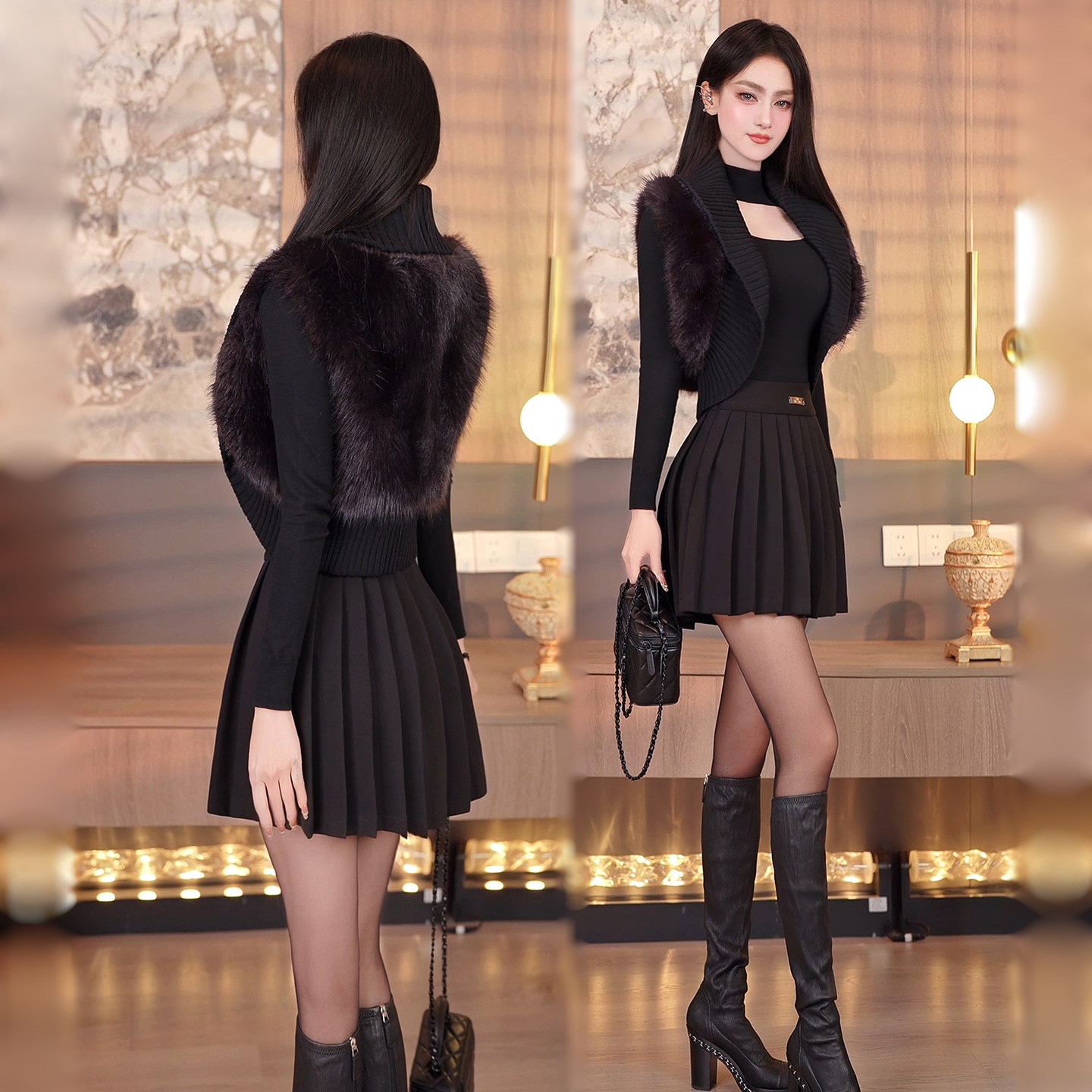 秋冬季欧美风仿皮草拼接马甲女2025新款洋气百搭短款针织无袖上衣