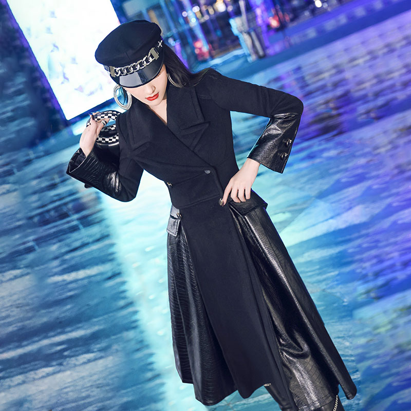 【断码清仓】中长款毛呢外套女秋冬新款气质修身拼接气质翻领大衣