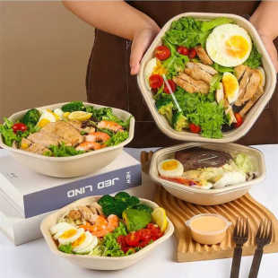 一次性六角碗纸浆打包碗六边形碗餐盒便当盒可降解饭盒轻食沙拉盒