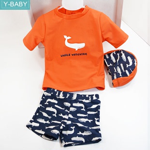 人气鲸鱼男童女童婴儿童分体泳衣儿宝宝中童冲浪泳装短袖带帽幼儿