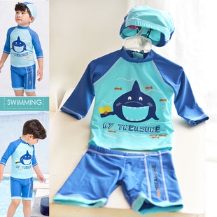 儿童男童婴儿宝宝冲浪分体泳装泳衣泳帽鲨鱼沙滩五分袖幼儿夏时尚