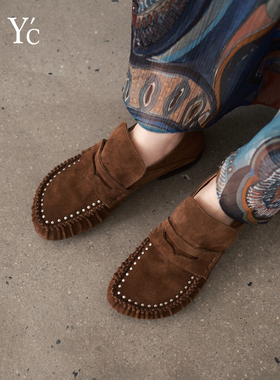 YC《高级松弛感》柔雾磨砂牛反绒两穿踩跟平底懒人乐福鞋单鞋女鞋