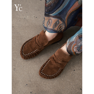 YC《高级松弛感》柔雾磨砂牛反绒两穿踩跟平底懒人乐福鞋单鞋女鞋