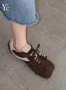 YC｜复古磨砂牛皮方头舒适芭蕾德训鞋设计感珠子平底休闲阿甘鞋女