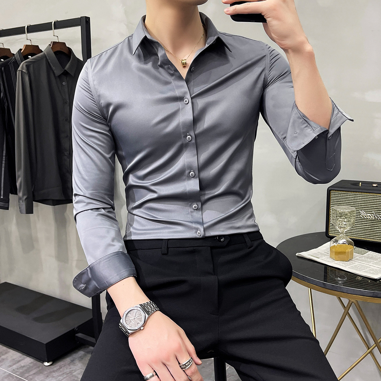秋季纯色冰丝衬衫男长袖2026上班寸衫轻商务修身男士丝滑衬衣正装