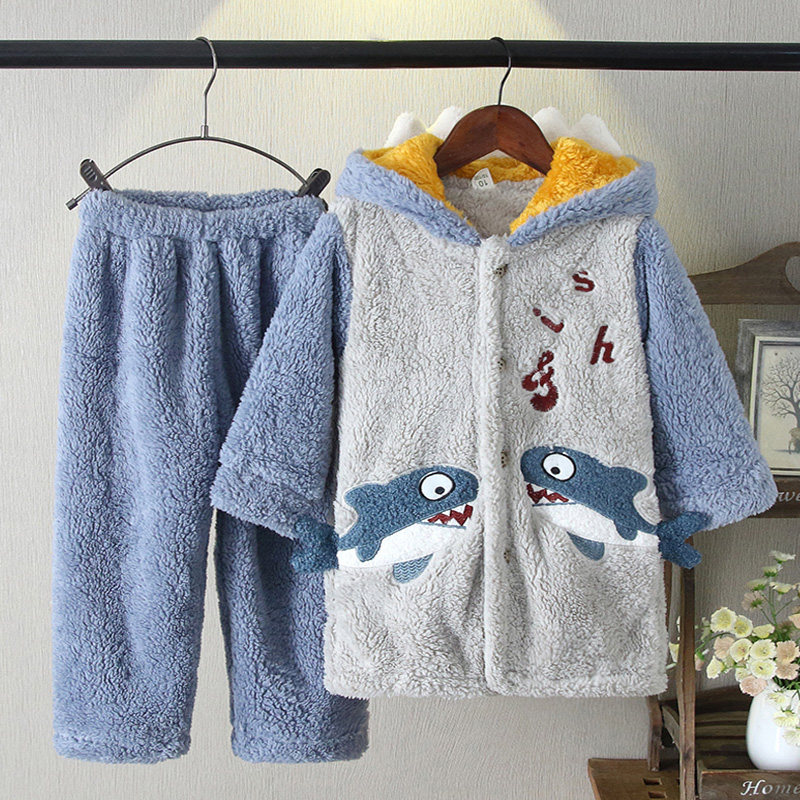 法兰绒儿童睡衣秋季男童珊瑚绒宝宝家居服女童大童冬季套装浴袍