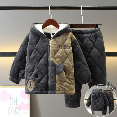 2025新款男童睡衣冬季加厚三层夹棉珊瑚绒儿童男孩法兰绒大童套装