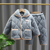 女童珊瑚绒新款 儿童睡衣冬季 三层加厚夹棉法兰绒套装 男童家居服