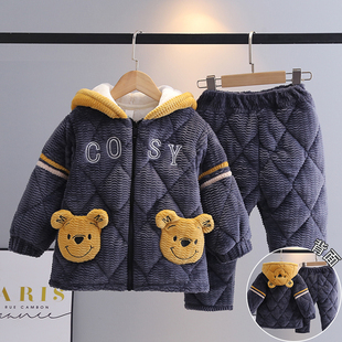 儿童睡衣冬季加厚款珊瑚绒三层夹棉男童法兰绒套装新款小童家居服