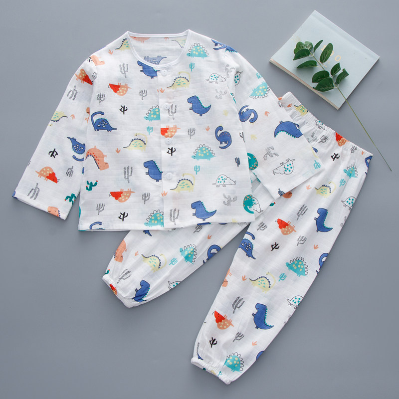 儿童纯棉纱布睡衣套装夏季薄款宝宝长袖空调服男童女童家居服夏装