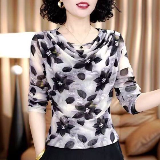 网纱七分袖T恤女夏季2026新款半袖印花中老年女装妈妈装上衣小衫