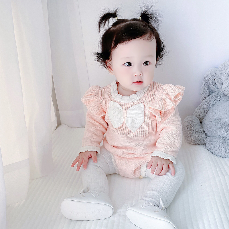 婴儿长袖蝴蝶结毛织哈衣