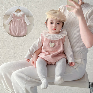 婴儿连体衣春秋款女宝宝套装针织百天衣服百日宴小月龄毛衣春装
