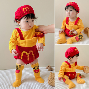 婴儿网红套装春秋洋气满月男女宝宝衣服连体衣百天周岁拍照服春季