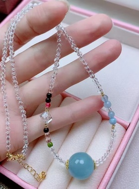 原创天然海蓝宝项链+白水晶链海蓝宝石大珠珠锁骨链转运珠项链