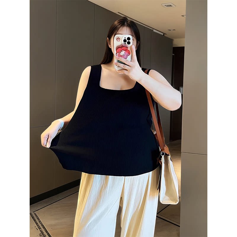 胖mm春夏季新款多色百搭宽肩带U领内搭背心宽松通勤针织遮肉吊带