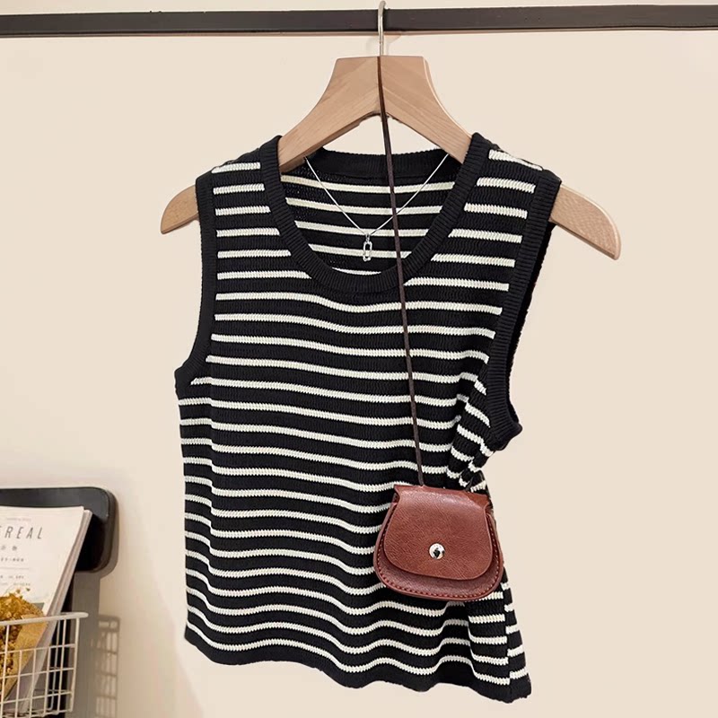 针织吊带背心女春夏季新款气质外穿黑白条纹显瘦马甲内搭无袖上衣