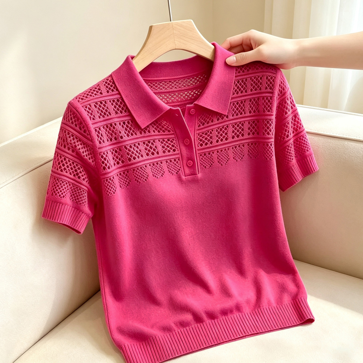 夏季Polo领镂空钩花针织短袖女