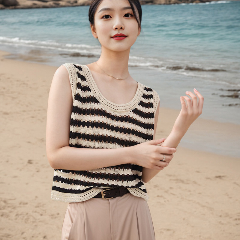 条纹针织背心女夏季新款慵懒风撞色圆领镂空吊带冰丝薄款内搭上衣