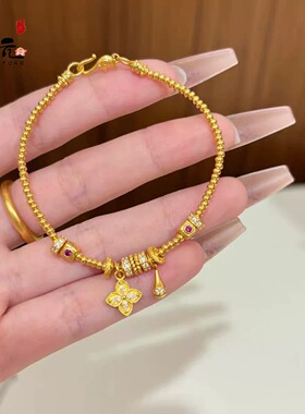 欧美跨境时尚百搭的四叶草手链铜镀金算盘珠幸运草爱心手串配饰