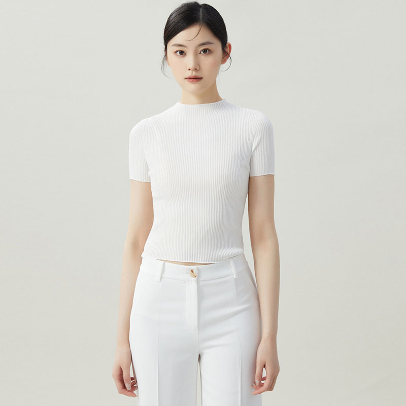 白领哥弟新女装上衣2023夏季新款烟管领冰丝短袖针织T恤打底衫女